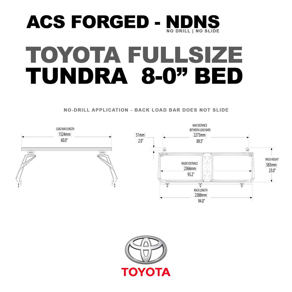 Technical specification sheet for the ACS Forged NDNS rack on a Toyota Fullsize Tundra with an 8-foot bed, showing a rack length of 94.0 inches and a max distance between load bars of 89.5 inches.