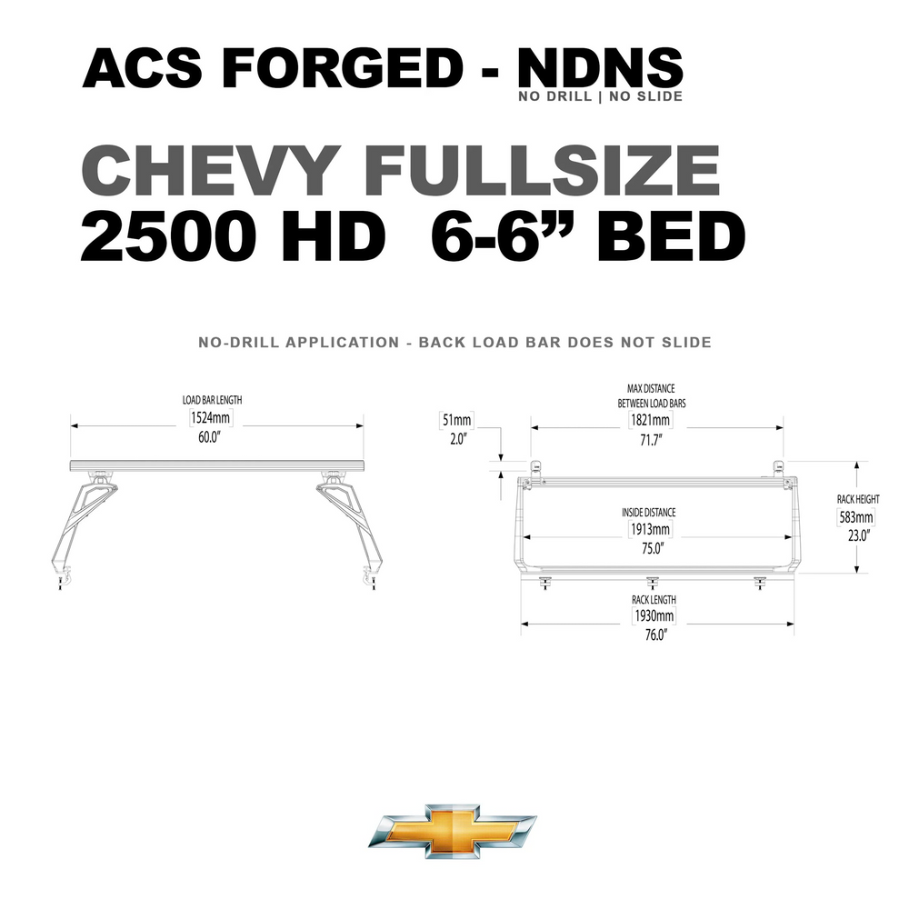 Technical drawing for the 6.6-foot bed Chevy 2500 HD, showing the 60-inch load bar length and no-drill application.