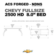 A dimension guide for the ACS Forged on a Chevy 2500 HD 8.0-foot bed, noting a max distance between load bars of 89.5 inches.