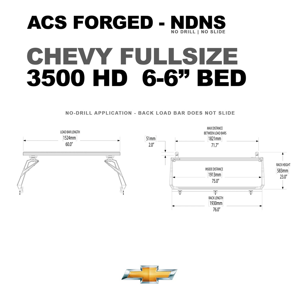 Technical specifications for a Chevy 3500 HD with a 6.6-foot bed, indicating a rack length of 76 inches and an inside distance of 75 inches.