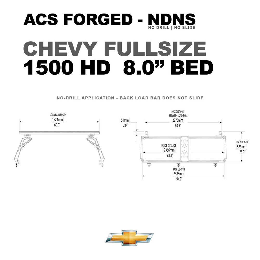 Dimensions for a Chevy 1500 HD with an 8.0-foot bed, detailing a 23-inch rack height and 94-inch total rack length.