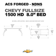 Dimensions for a Chevy 1500 HD with an 8.0-foot bed, detailing a 23-inch rack height and 94-inch total rack length.
