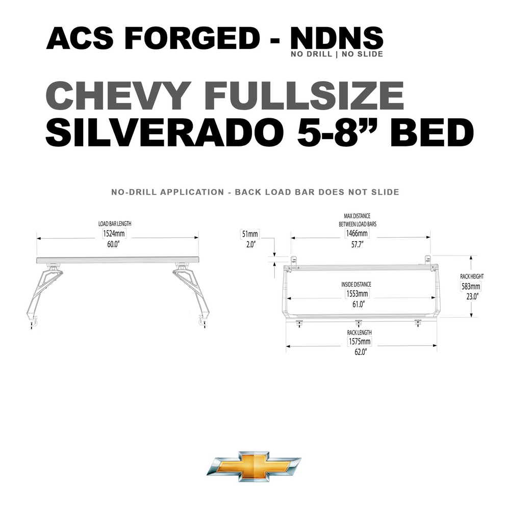 Specifications for a Chevy Silverado with a 5.8-foot bed, illustrating a rack length of 62 inches and an inside distance of 61 inches.