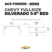 Specifications for a Chevy Silverado with a 5.8-foot bed, illustrating a rack length of 62 inches and an inside distance of 61 inches.