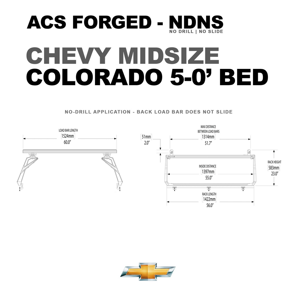 Technical dimensions for a Chevy Colorado with a 5.0-foot bed, showing a rack length of 56 inches and a 51.7-inch max distance between load bars.