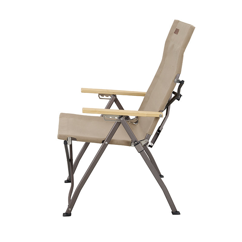 Revived Recliner camping chair front view with bamboo armrests