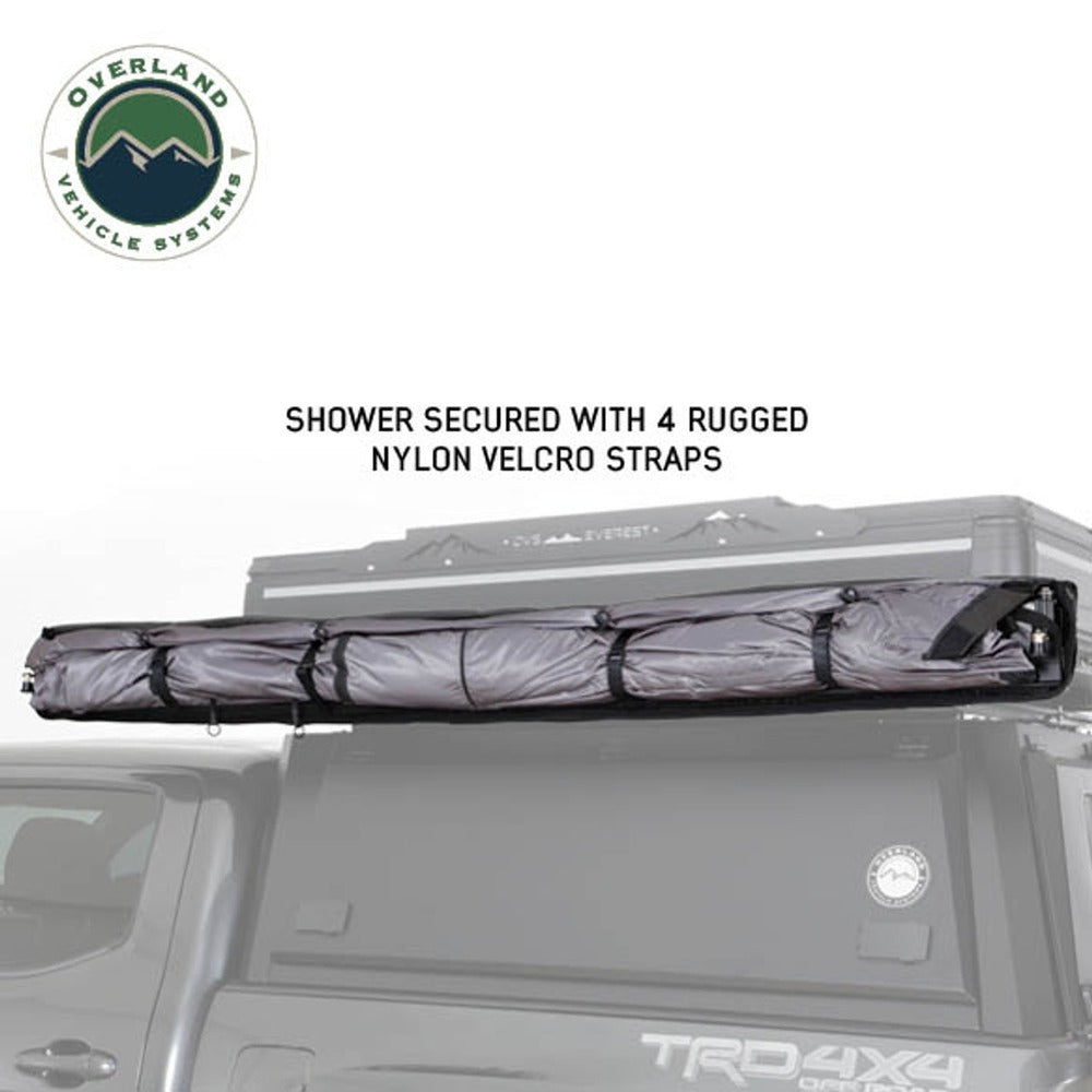 OVS Nomadic 2 Person Car Side Shower Packed Up And Secured With Velcro Straps