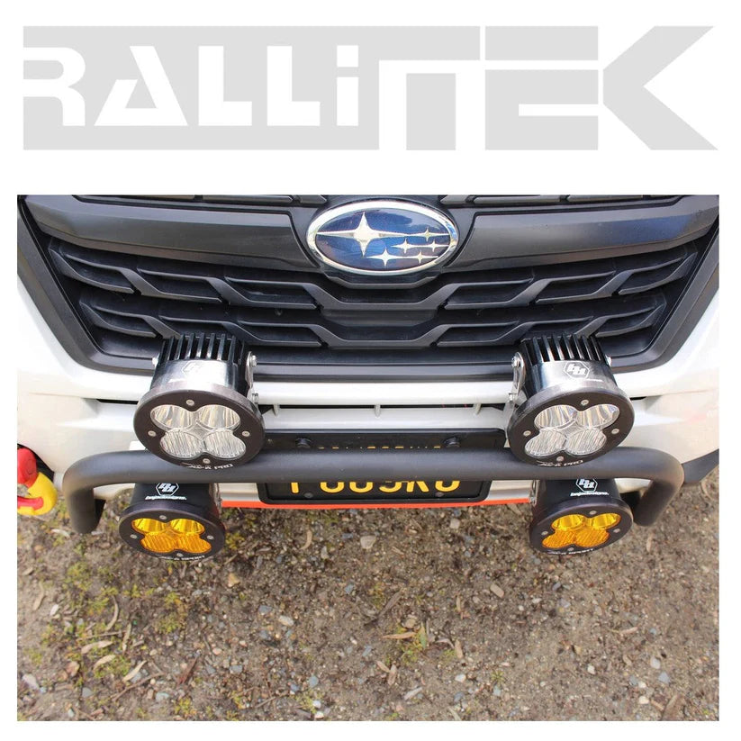 Zoomed in view of the rallitek light bar mounted on a subaru forester