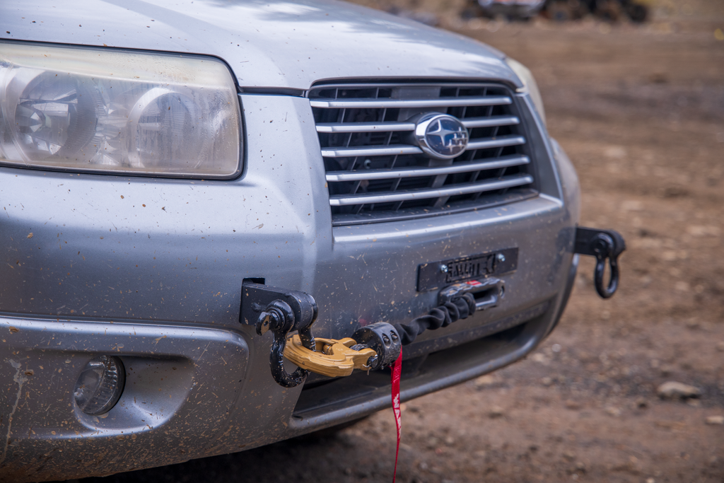 Close-up of RalliTEK Hidden Winch Mount installed on Subaru Forester XT