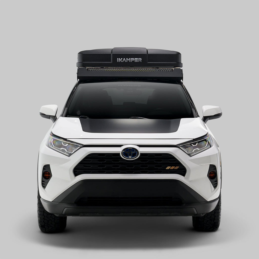 Skycamp 4.0 Trio hardshell rooftop tent at sunset campsite