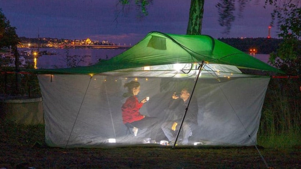 Side View Of A Tentsile Double Bubble Insect Mesh Enclosure Connected To A Tree Tent