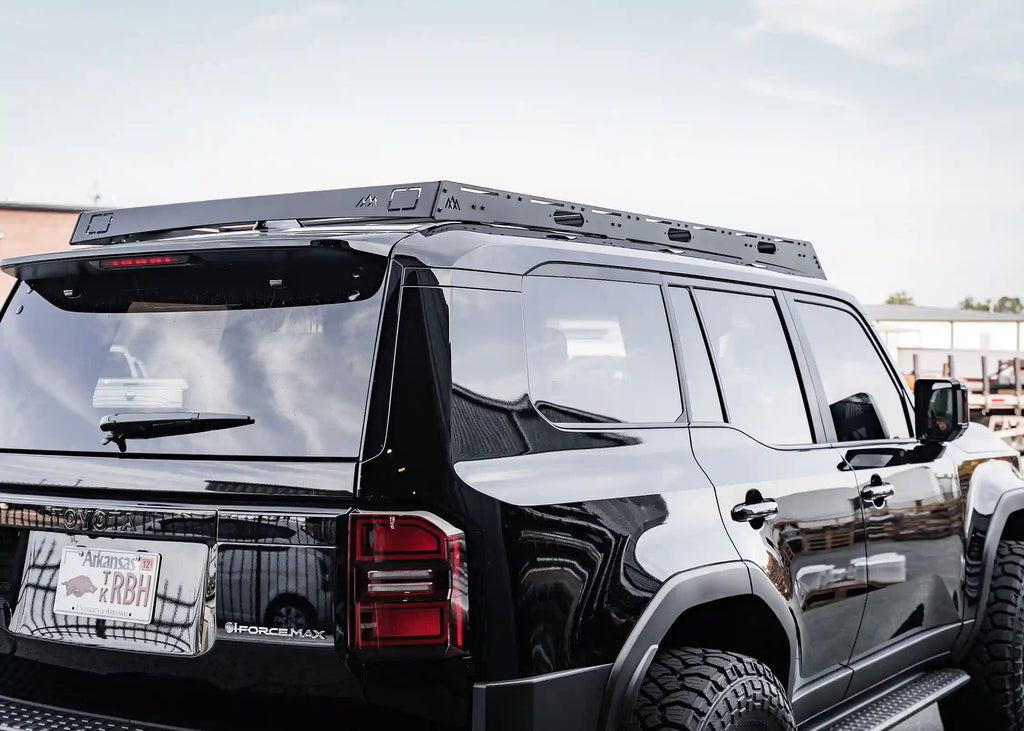 Rear view of Backwoods DRIFTR roof rack on Toyota Land Cruiser 250