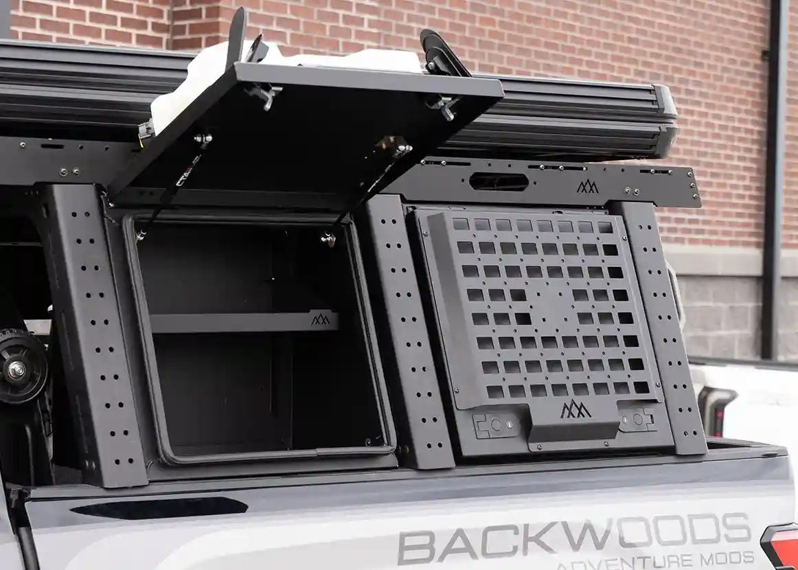 Backwoods Adventure Mods aluminum overland bed rack storage box for Toyota Tundra with lid open showing adjustable shelf