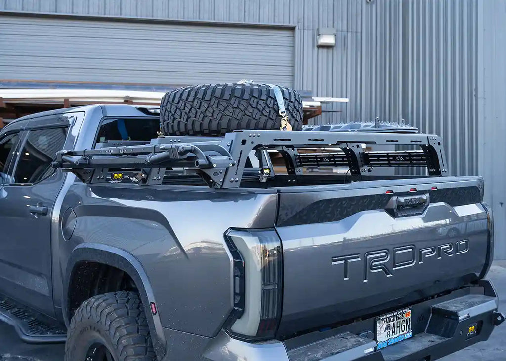 Toyota Tundra Mid-Height Bed Rack with Backwoods accessories