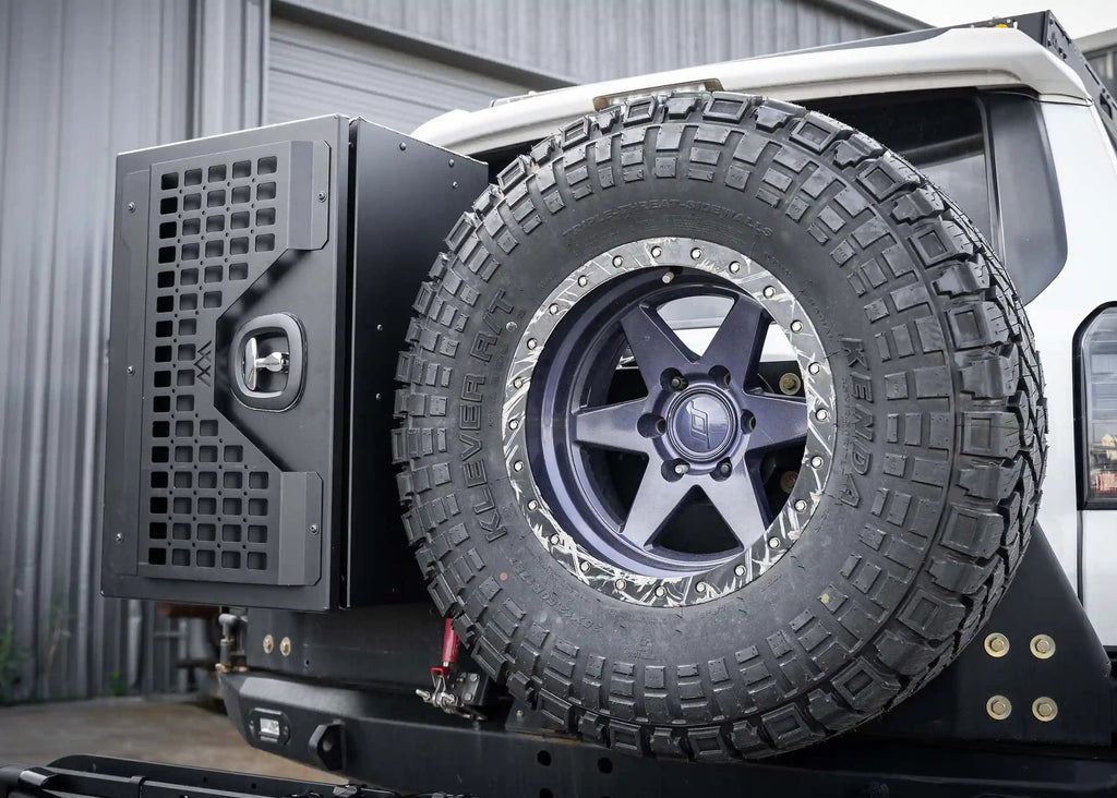 Side profile of Backwoods Overland Storage Box on swing-out bumper