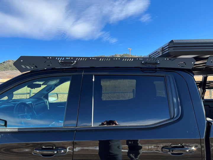 Image showing the side view of the alpha platform roof rack mounted on CHEvy silverado truck