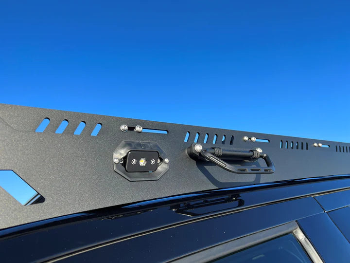 image showing close up side view of the alpha platform rack from uptop overland