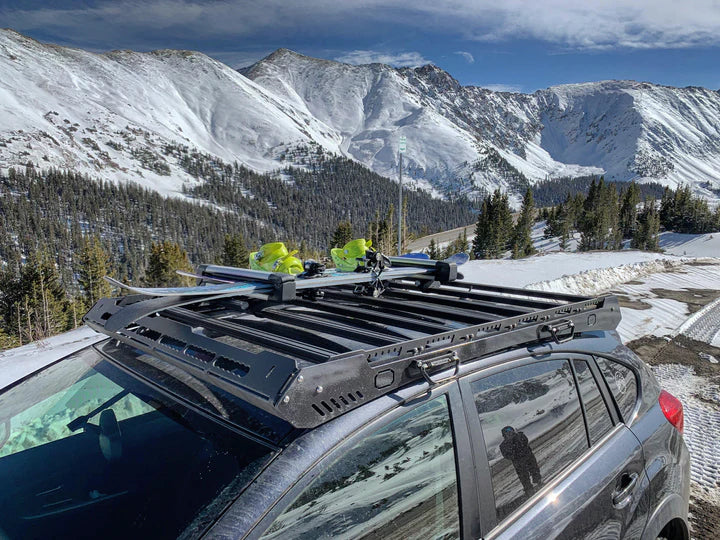 Aerial view of the platform roof rack from uptop overland mounted on a car 