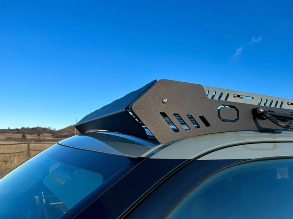 Close Up View Of The upTOP Overland Alpha CrewMAX Toyota Tundra Roof Rack Wind Deflector