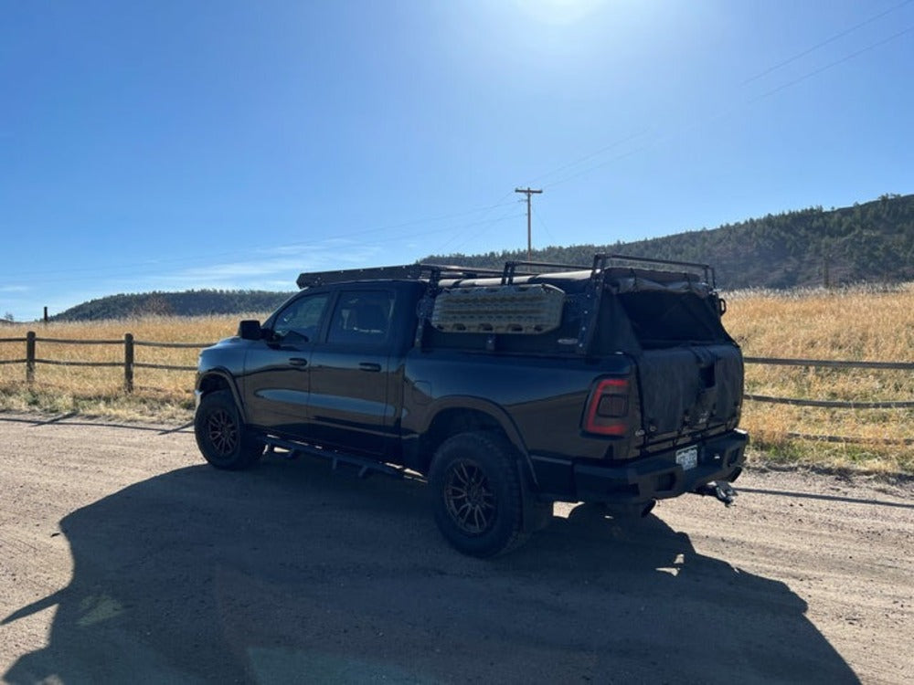 Back Side Of The Installed upTOP Overland Bravo 5th Gen RAM 1500 Crew Cab Roof Rack