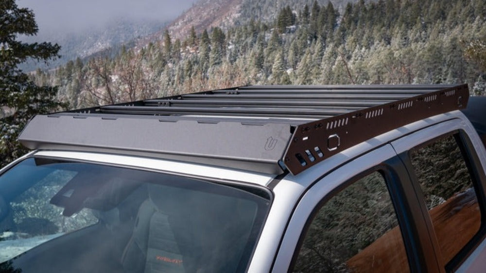 Close Up View Of The Wind Deflector On The upTOP Overland Bravo Nissan Frontier Crew Cab Roof Rack
