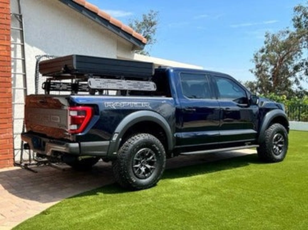 Side View Of The Mounted upTOP Overland TRUSS AFS Bed Rack On Ford Raptor