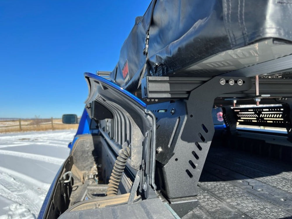 upTOP Overland TRUSS RamBox Compatible Bed Rack Mounted With The RamBox Compartment Opened