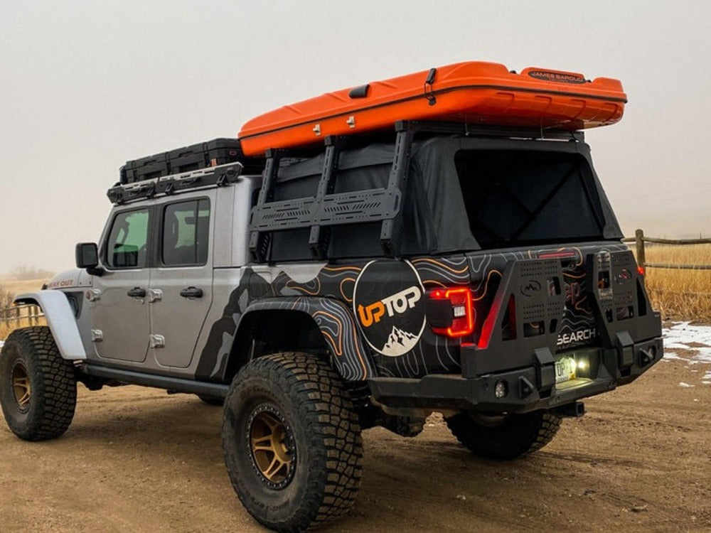 upTOP Overland TRUSS Soft Top Compatible Bed Rack Installed On A Jeep