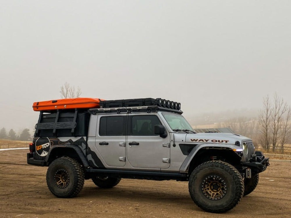 Side View Of The Mounted upTOP Overland TRUSS Soft Top Compatible Bed Rack