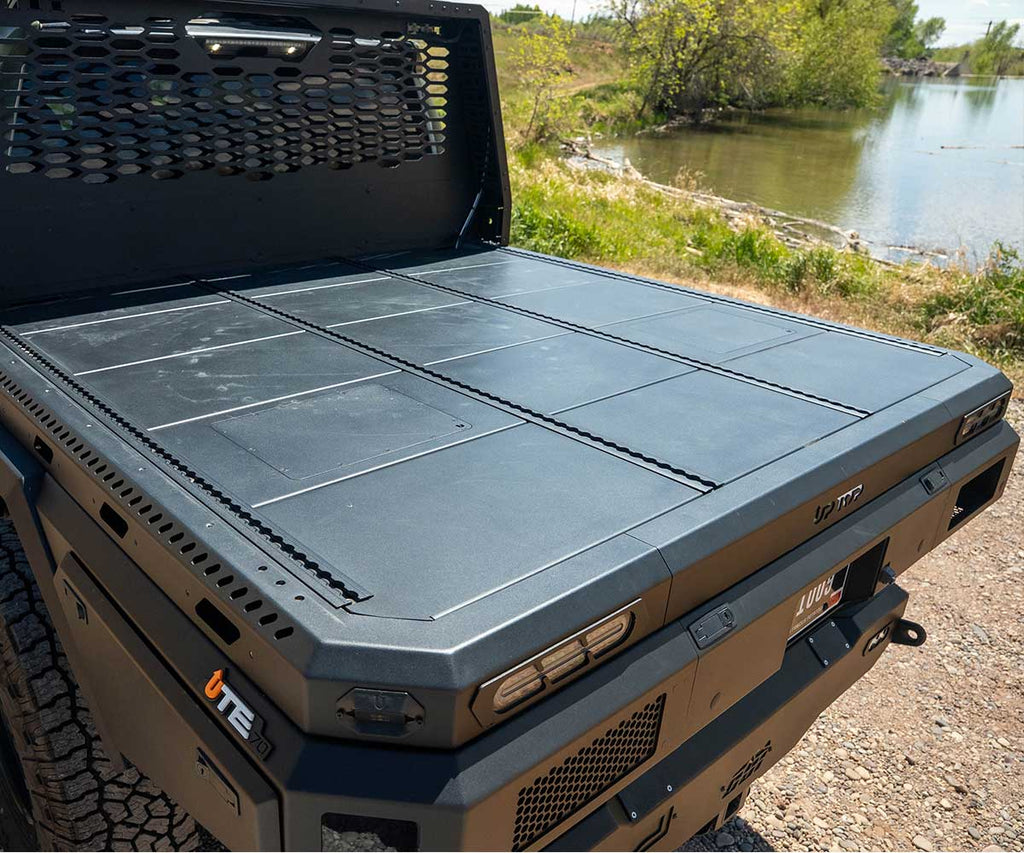 Ute 70 Tacoma tray bed L-track airline rail floor close-up
