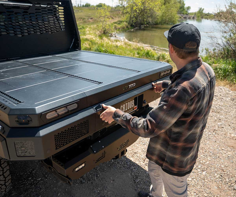 Ute 70 modular tray bed rear view with drop tailgate detail