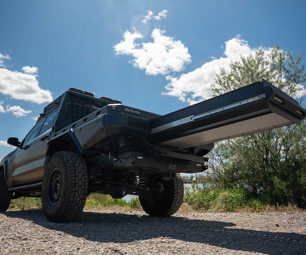 Ute 70 flatbed tray on Tacoma rear quarter angle view