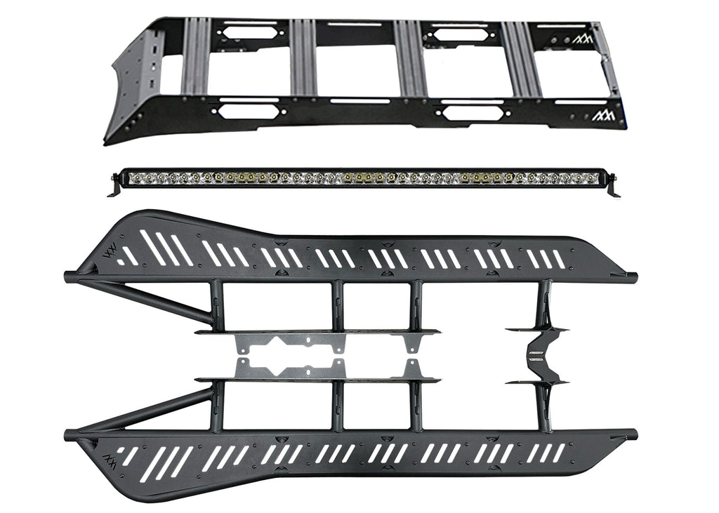 Backwoods Adventure Mods Weekend Warrior Off Road Kit bundle for 2nd and 3rd Gen 2005-2023 Toyota Tacomas including Rock Sliders, DRIFTR Roof Rack, and Pathfinder 40 inch LED roof rack light bar