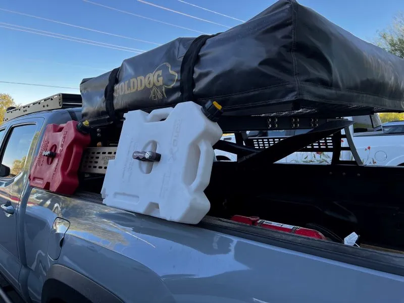 Westcott Designs 2nd & 3rd Gen Tacoma Bed Rack With Rotopax Mounted On Its Molle Panel