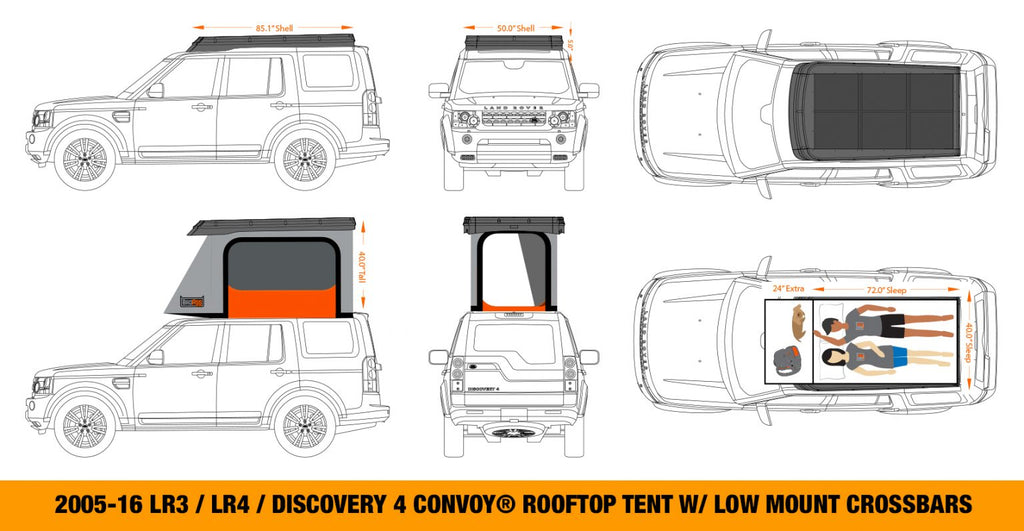 features and dimensions of the BadAss Convoy Rooftop Tent For Land Rover LR3/LR4 Discovery 3 & 4