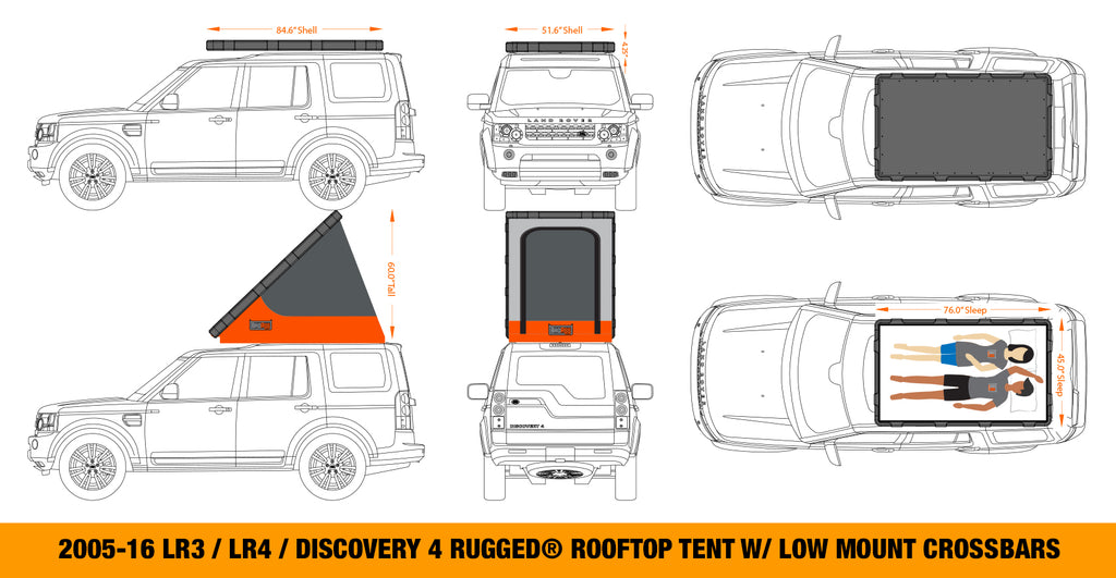 dimensions and features of the BadAss Rugged Rooftop Tent For Land Rover LR3/LR4 & Discovery 4