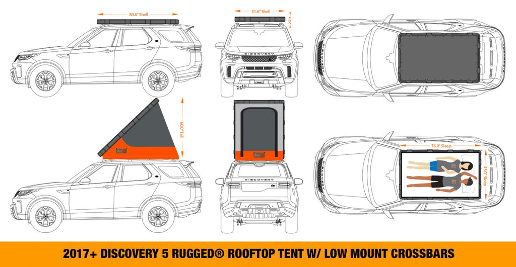 features and dimensions of the BadAss Rugged Rooftop Tent For Land Rover Discovery 5 2017-2022