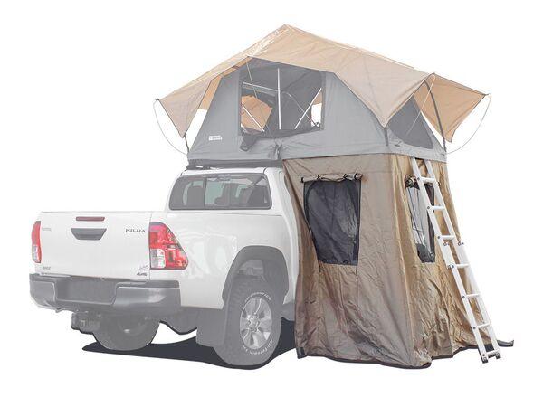 Mounted And Deployed Front Runner Roof Top Tent With An Annex Attached