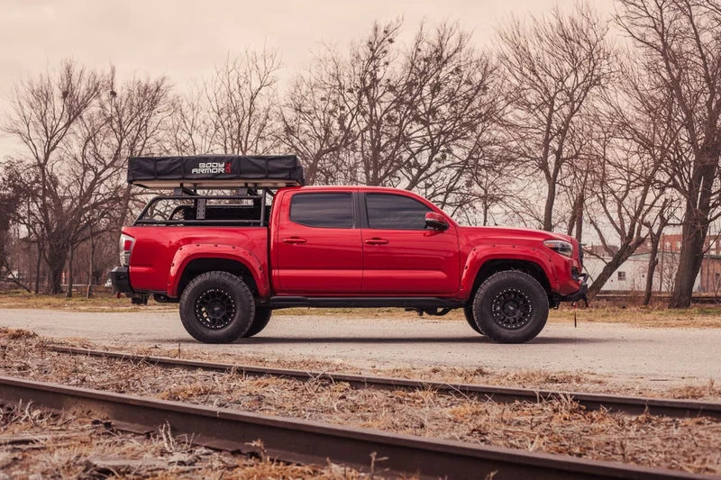 Body Armor 4x4 Overland Rack For Toyota Tacoma 2005-2023 Packed and mounted on a bed rack