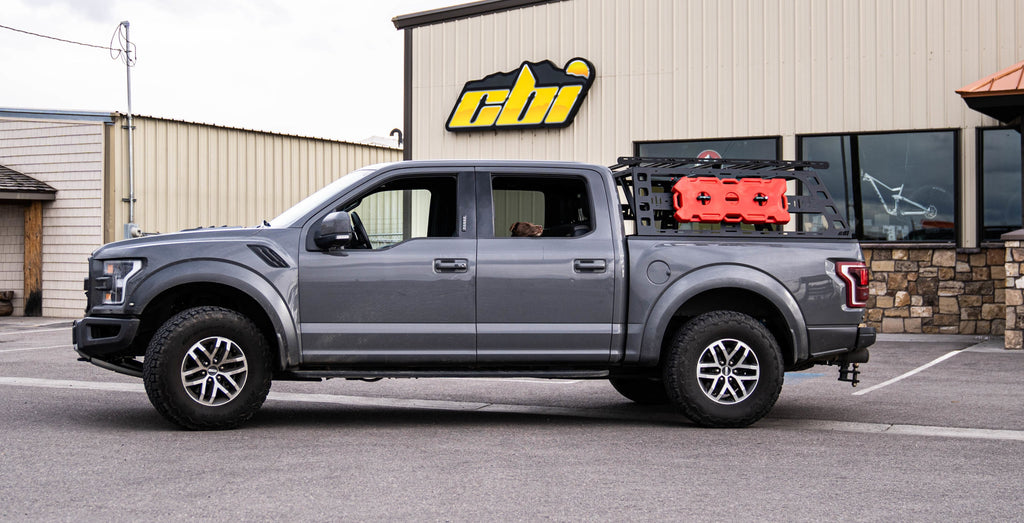 Side view CBI Offroad Fab Cab Height Bed Rack Ford Raptor