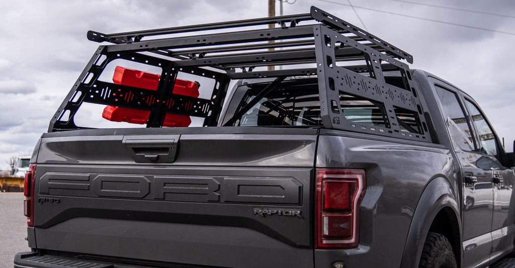 Close up view CBI Offroad Fab Cab Height Bed Rack for Ford Raptor 2010 to 2021 model