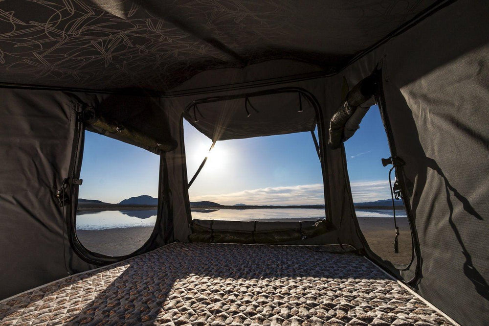 comfortable 3.5" thick mattress of the stealth hardshell roof top tent