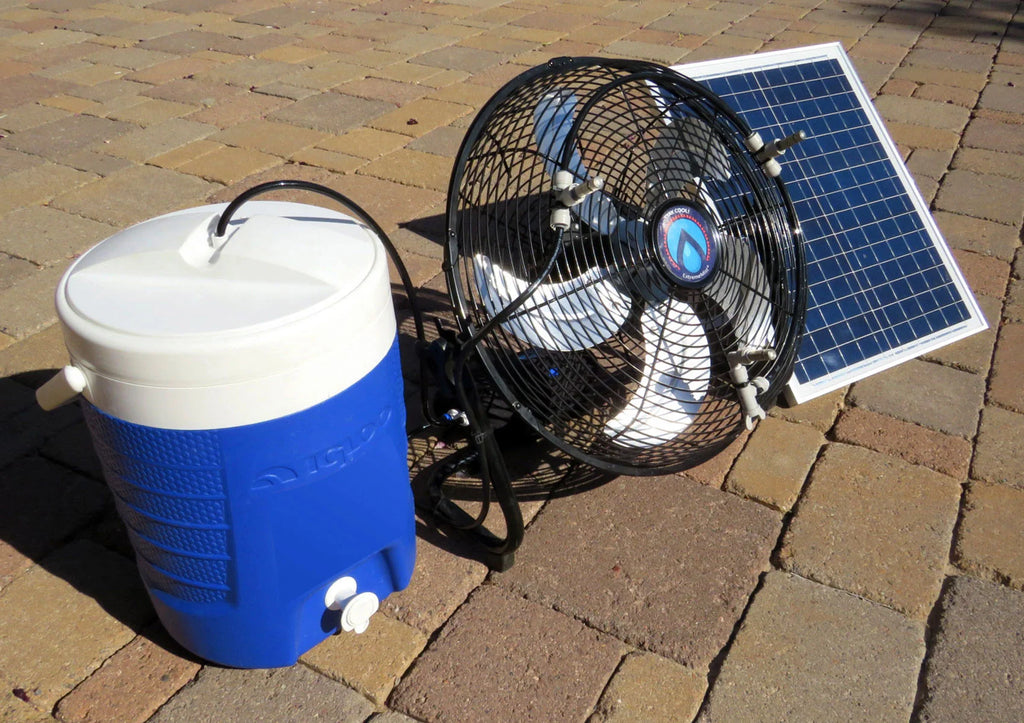 Portable Misting Fan w/ Solar Panel and Mist Pump In practical use