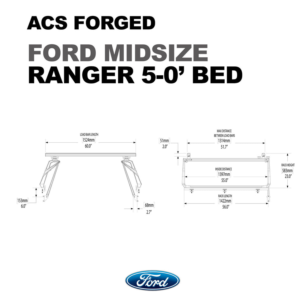 dims of the Leitner Designs FORGED Active Cargo System For Ford midsize ranger 5" bed