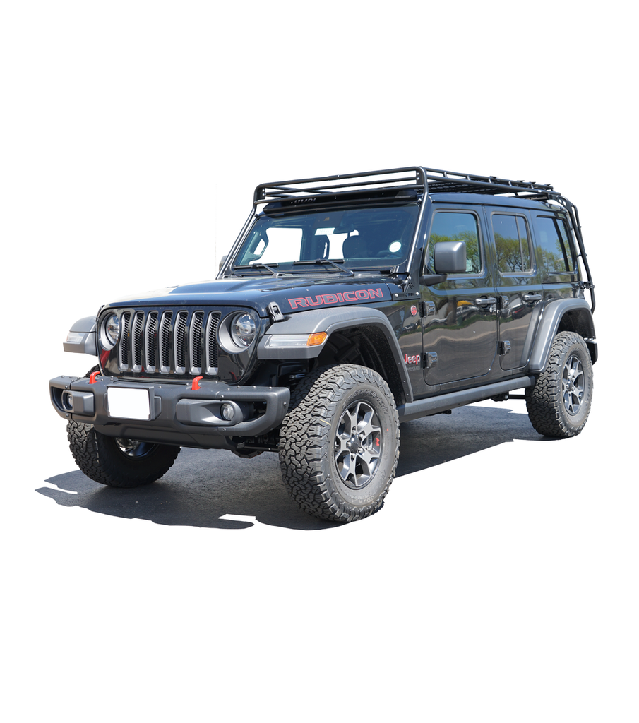 GOBI Stealth Roof Rack for JEEP JL 4Door Sky One Touch w/ 40” LED Lightbar Set Up on Top of Car Front Side View