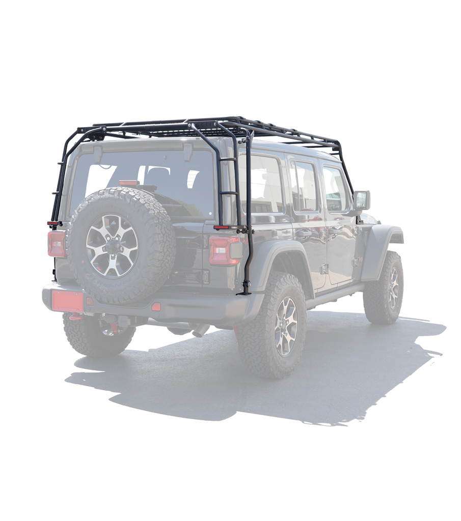 GOBI Stealth Roof Rack for JEEP JL 4Door Sky One Touch w/ 40” LED Lightbar Set Up on Top of Car with Ladder Back View