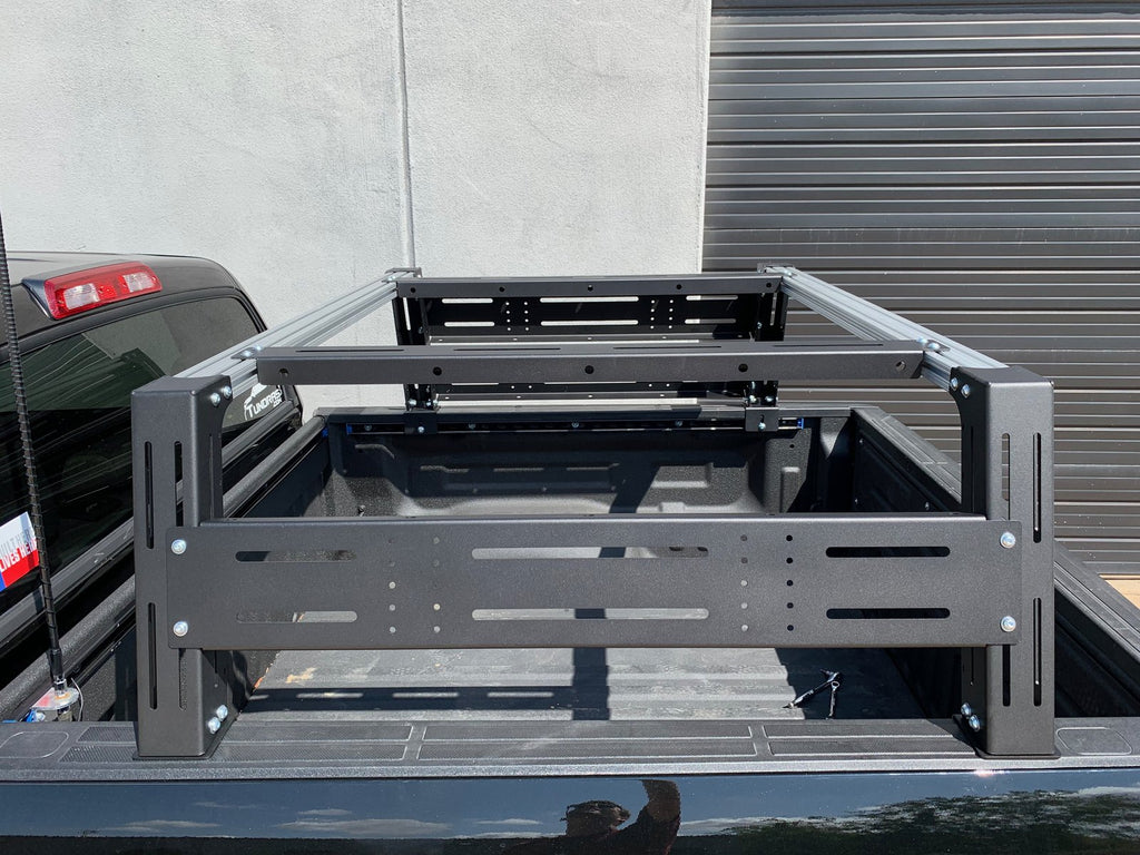 side view of Cali Raised LED Overland Bed Rack For Toyota Tundra 2014-2020