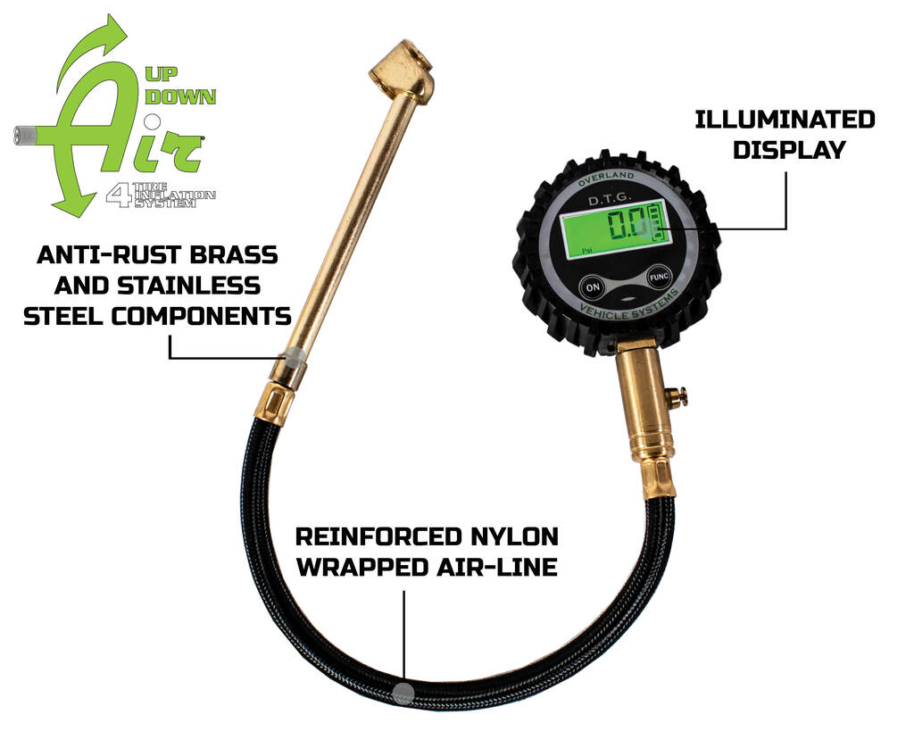 Overland Vehicle System Digital Tire Gauge with Valve Kit Features