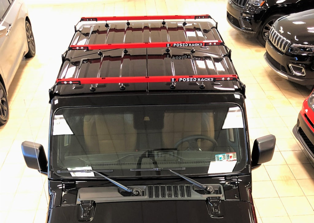 Top View of Mounted Click-In Crossbars with Weight Distribution Bracket for Jeep Wrangler