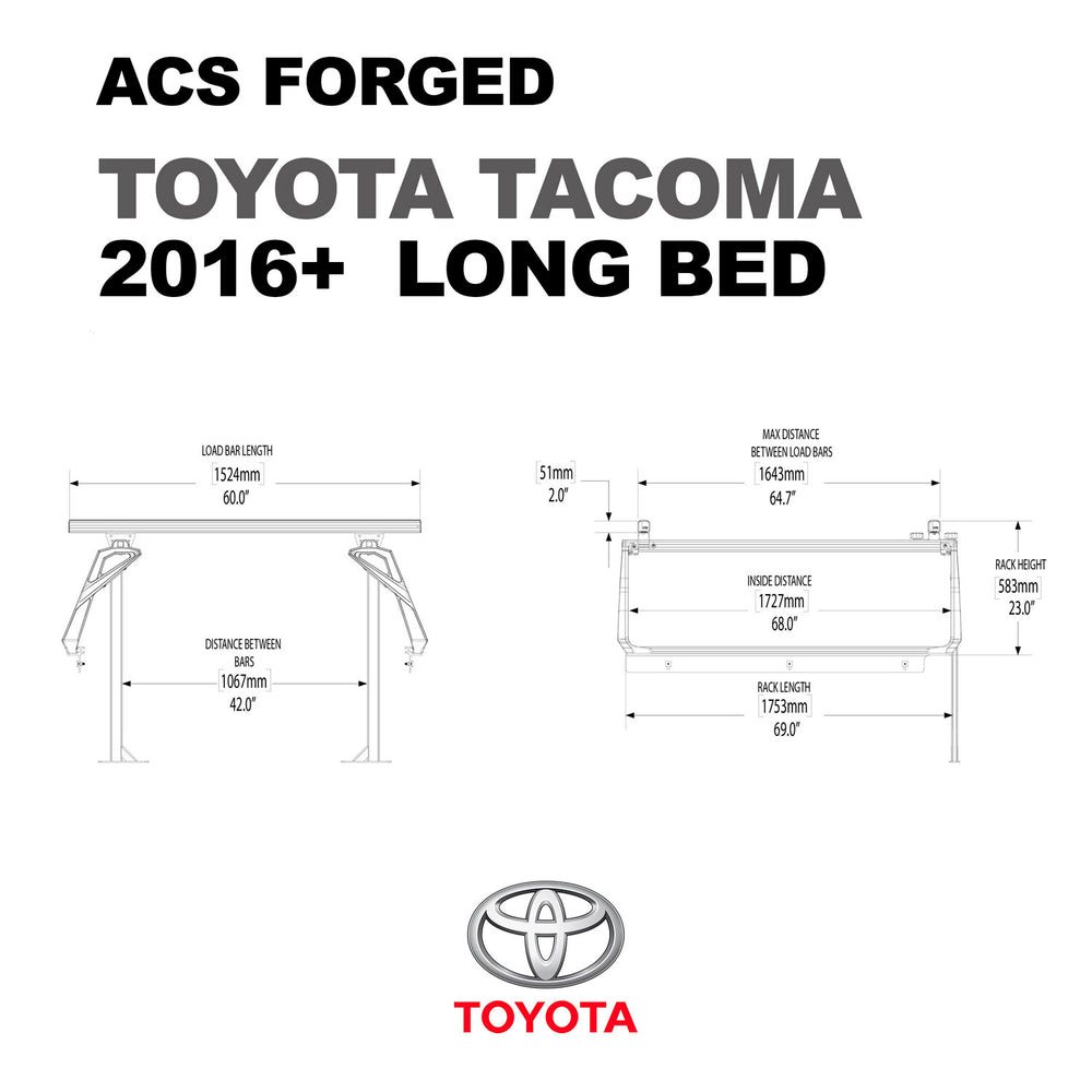 Dimesions of the Leitner Designs FORGED Active Cargo System For Toyota Tacoma 2016-2023 long bed